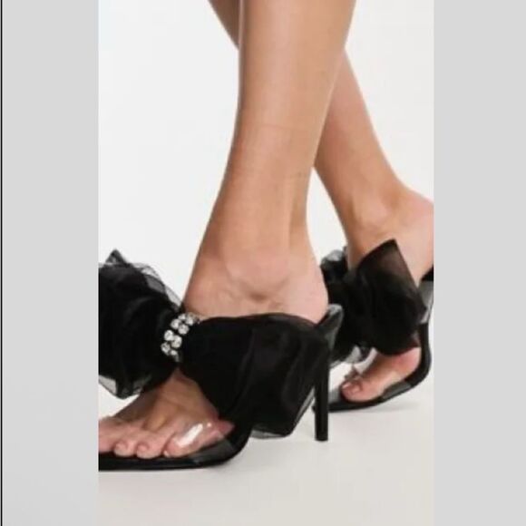 Azalea Wang Shoes - Azalea Wang clear plastic straps Black Heel sandals bow rhinestones accent SZ8.5